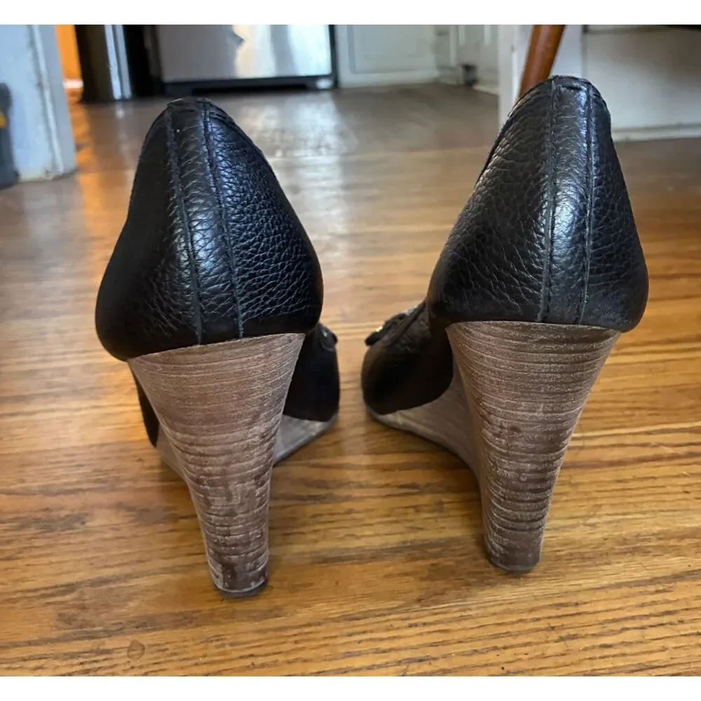 Tory Burch Amanda Black Leather Logo Peep Toe Wedge Heels Shoes  Women's Size 11